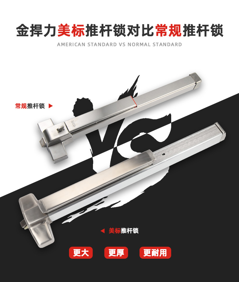 美標推桿鎖對比常規推桿鎖更大更厚更耐用。