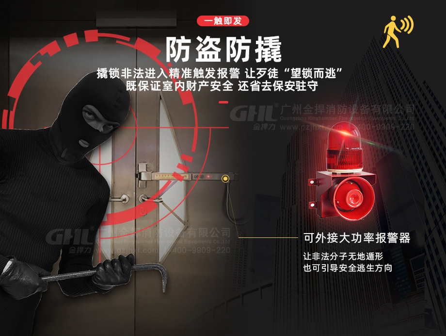 防盜防撬：報警裝置一觸即發，保證室內財產安全，省去保安駐守。